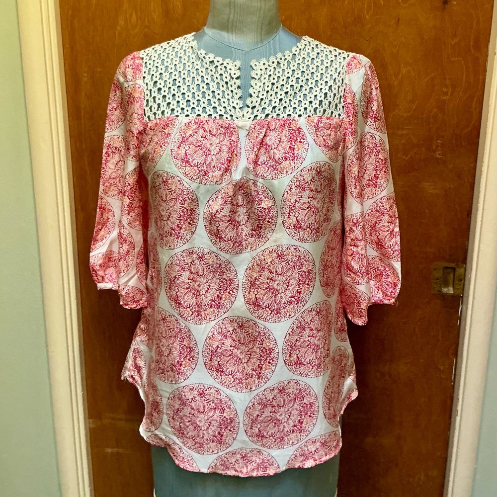 Calypso St. Barth Silk Top with Red and Orange Patterns